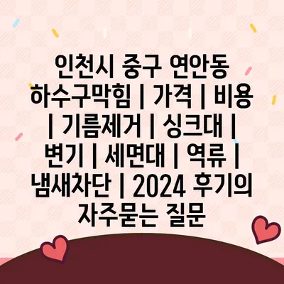 인천시 중구 연안동 하수구막힘 | 가격 | 비용 | 기름제거 | 싱크대 | 변기 | 세면대 | 역류 | 냄새차단 | 2024 후기