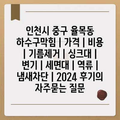 인천시 중구 율목동 하수구막힘 | 가격 | 비용 | 기름제거 | 싱크대 | 변기 | 세면대 | 역류 | 냄새차단 | 2024 후기