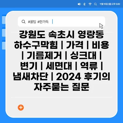 강원도 속초시 영랑동 하수구막힘 | 가격 | 비용 | 기름제거 | 싱크대 | 변기 | 세면대 | 역류 | 냄새차단 | 2024 후기