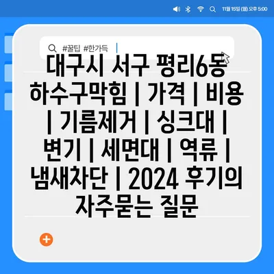 대구시 서구 평리6동 하수구막힘 | 가격 | 비용 | 기름제거 | 싱크대 | 변기 | 세면대 | 역류 | 냄새차단 | 2024 후기