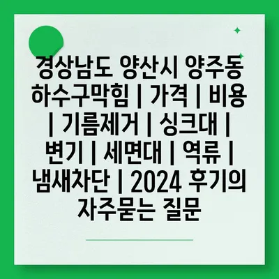 경상남도 양산시 양주동 하수구막힘 | 가격 | 비용 | 기름제거 | 싱크대 | 변기 | 세면대 | 역류 | 냄새차단 | 2024 후기